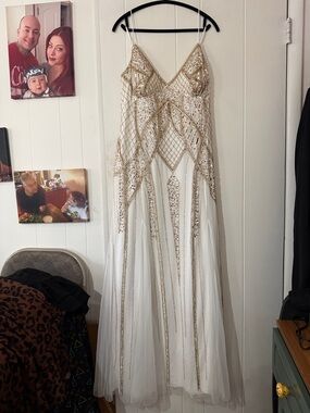bebe White and Gold Beaded Tulle Gown festival prom wedding dress